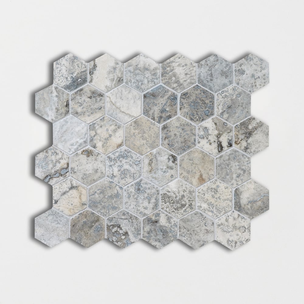 Silver Travertine Honed Filled Hexagon Travertine Mosaics 10 3/8x12 Travertine Honed Filled 12x12 Mosaics