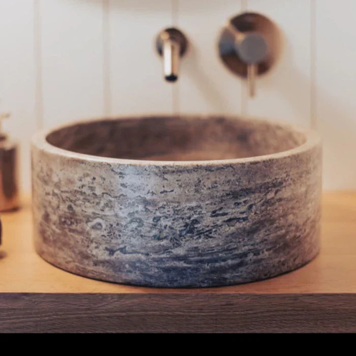 Silver Travertine Natural Stone Above Vanity Bathroom Sink Polished (D)16" (H)5" by GobekDesign