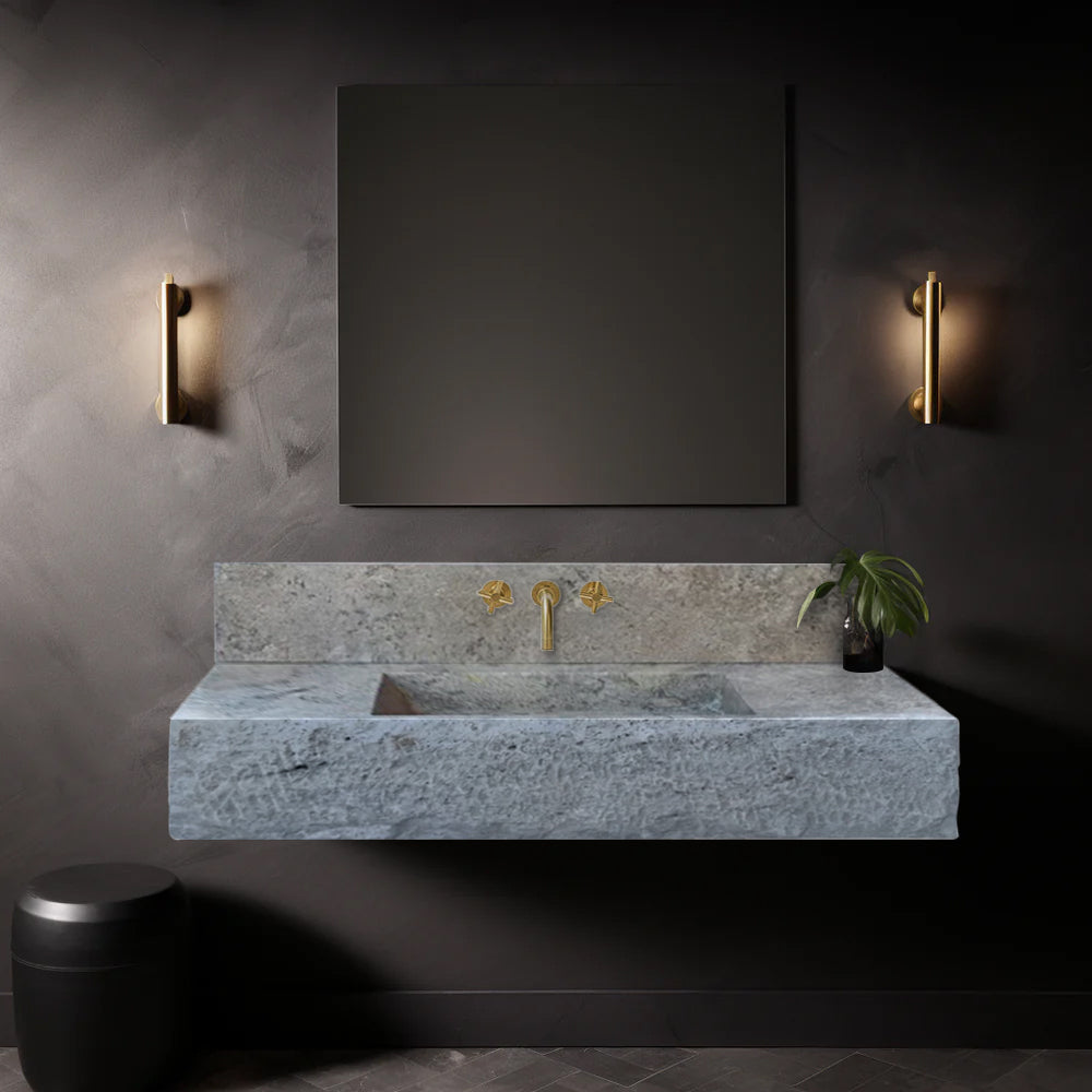 Silver Travertine Rustic Rectangular Wall-mount Bathroom Sink with 8" Backsplash by GobekDesign