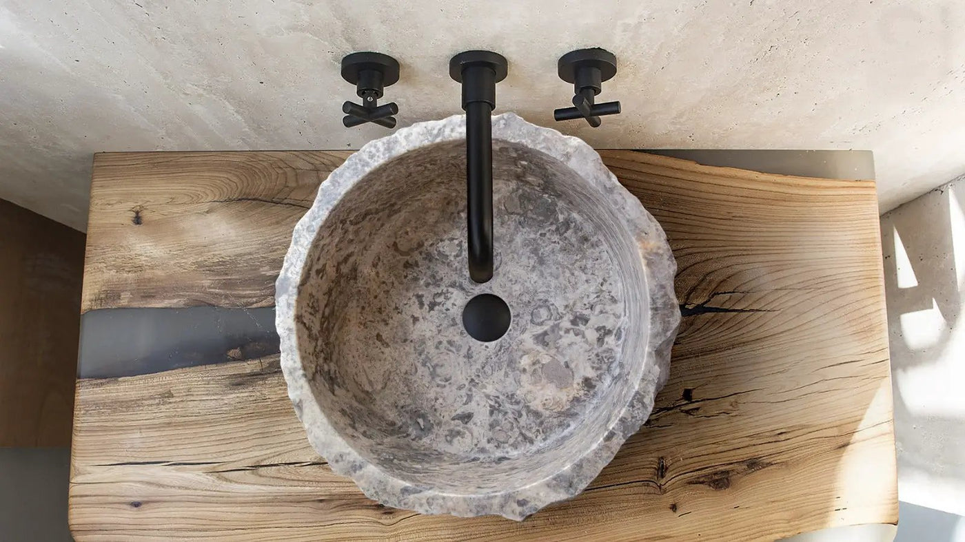 Silver Travertine Rustic Stone Hand Chiseled Honed Interior Vessel Sink 16 x 6 by GobekDesign