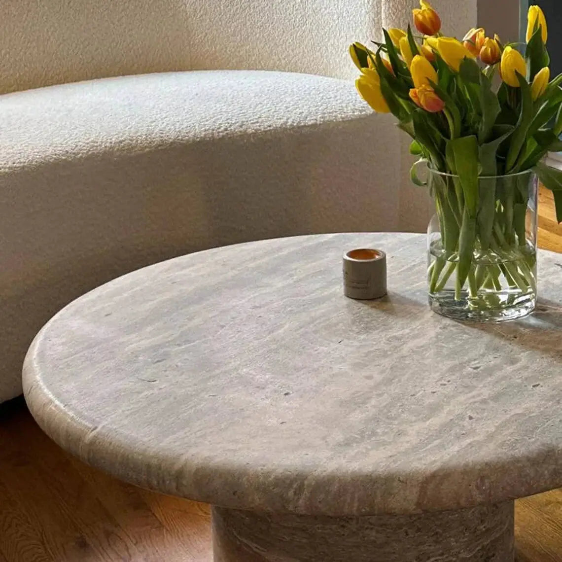 Travertine Round Coffee Table 36x16 inch - Silver Vein Cut Honed by GobekDesign