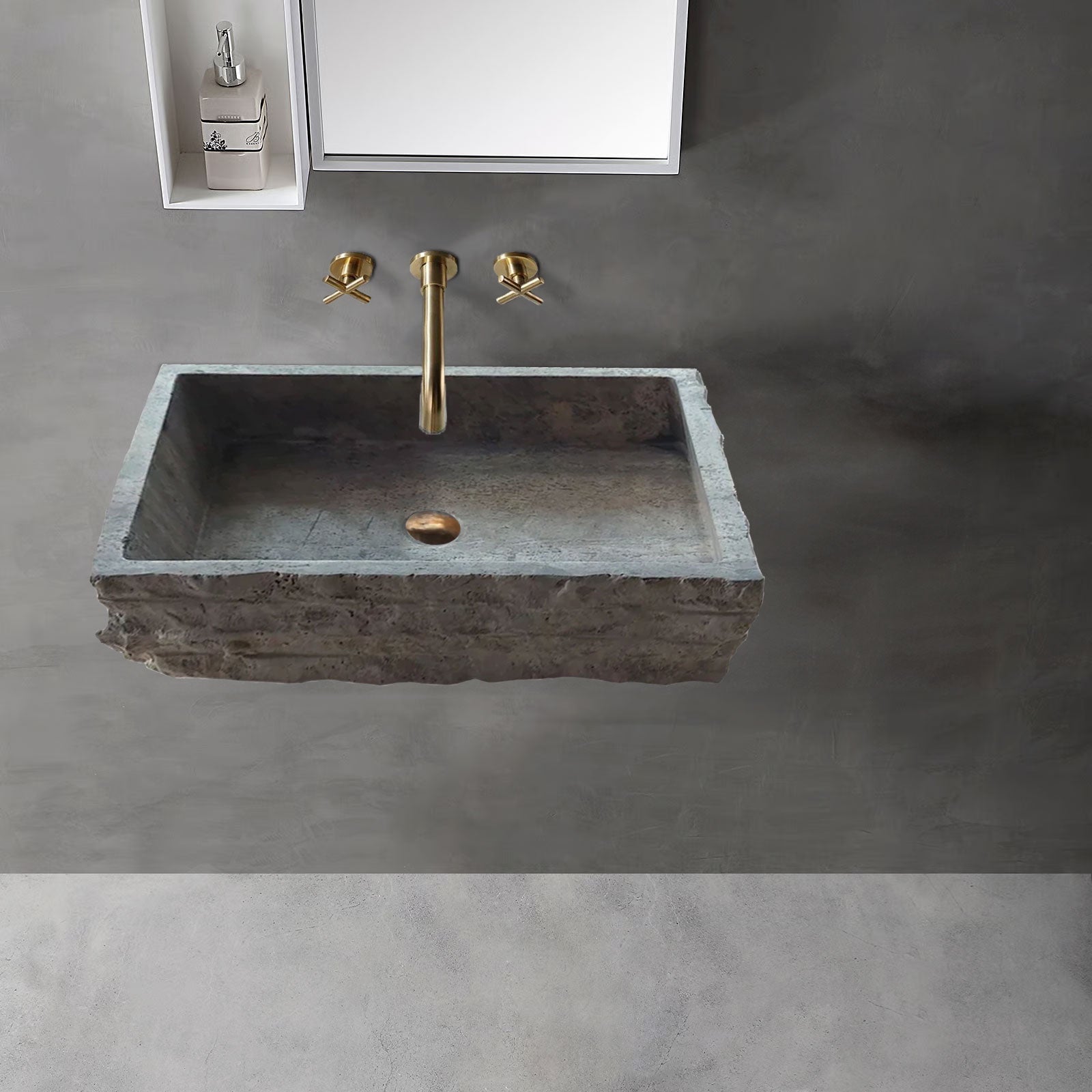 Silver Travertine Wall-mount Bathroom Sink Split-face Outside (W)16" (W)20" (H)5" by GobekDesign
