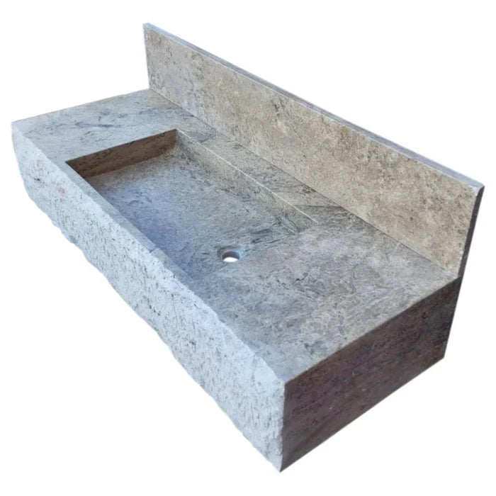 Silver Travertine Rustic Rectangular Wall-mount Bathroom Sink with 8" Backsplash by GobekDesign