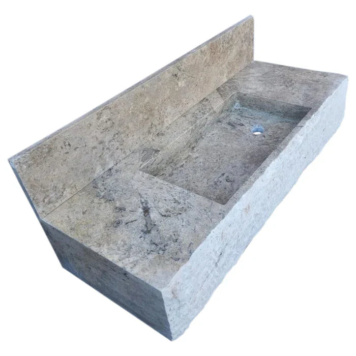 Silver Travertine Rustic Rectangular Wall-mount Bathroom Sink with 8" Backsplash by GobekDesign