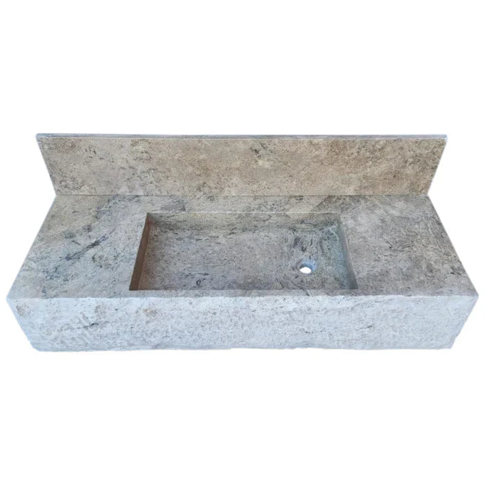 Silver Travertine Rustic Rectangular Wall-mount Bathroom Sink with 8" Backsplash by GobekDesign