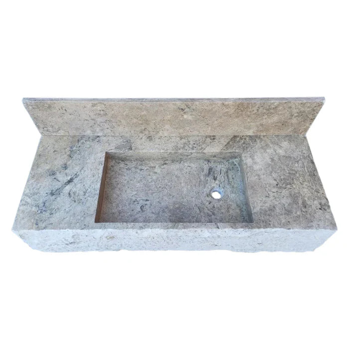 Silver Travertine Rustic Rectangular Wall-mount Bathroom Sink with 8" Backsplash by GobekDesign