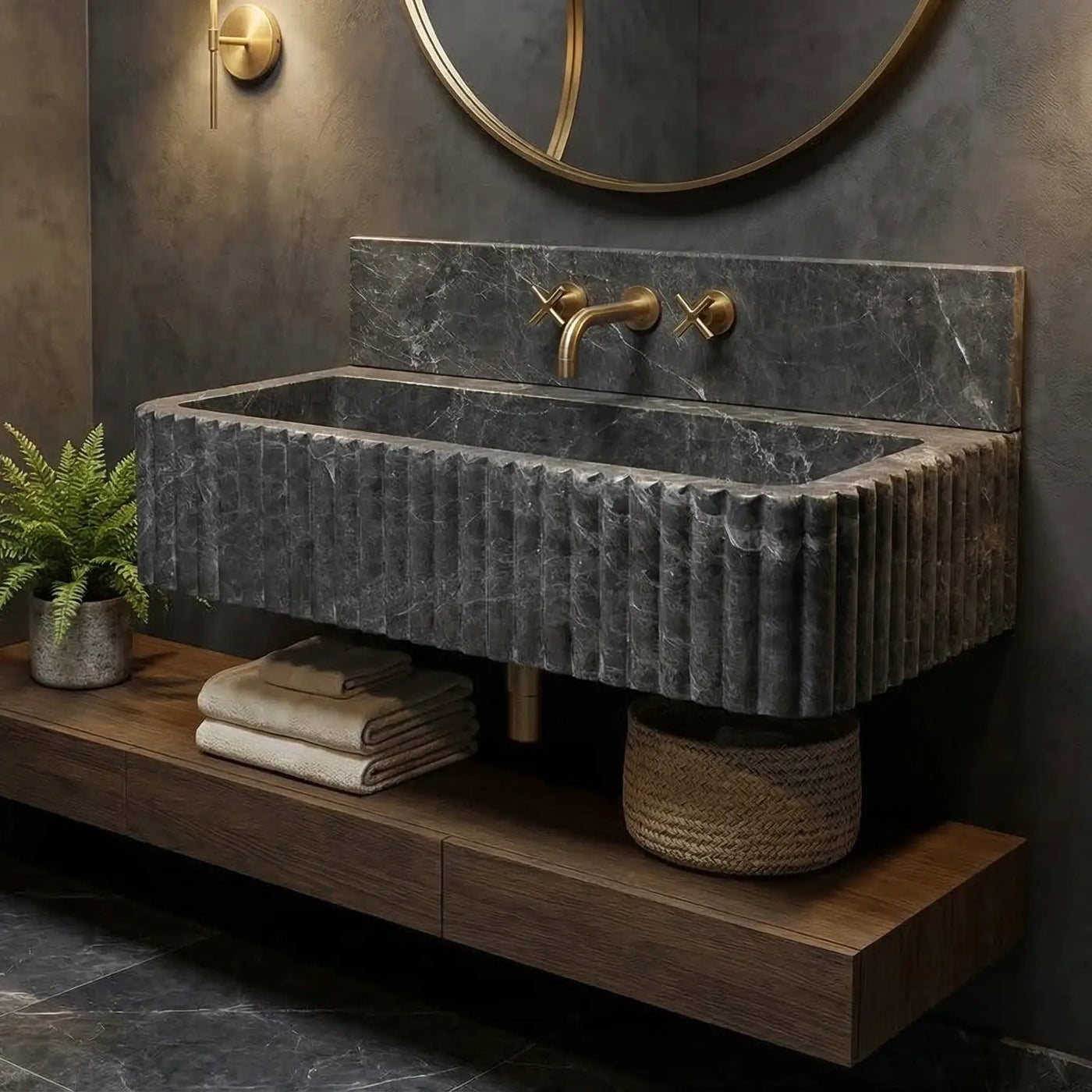 Black Marble Wall Mount Bathroom Sink Ribbed Design With 4 Inch Stone Backsplash by GobekDesign