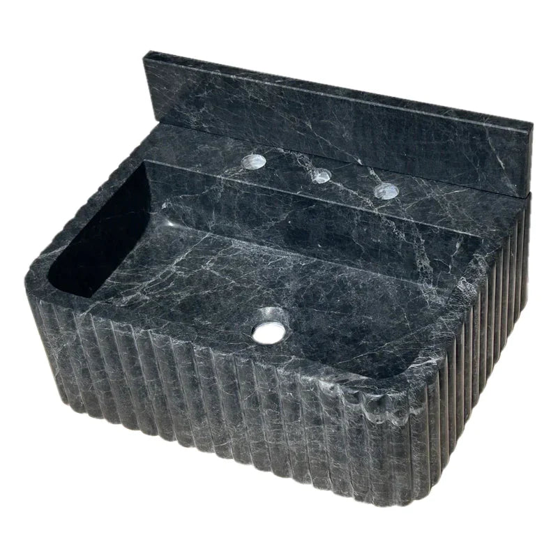 Sirius Black Marble Wall-mount Bathroom Sink Ribbed with 4" Backsplash by GobekDesign