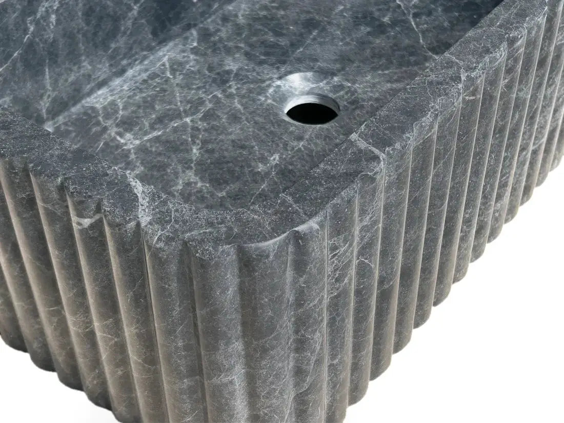 Black Marble Wall Mount Bathroom Sink Ribbed Design With 4 Inch Stone Backsplash by GobekDesign