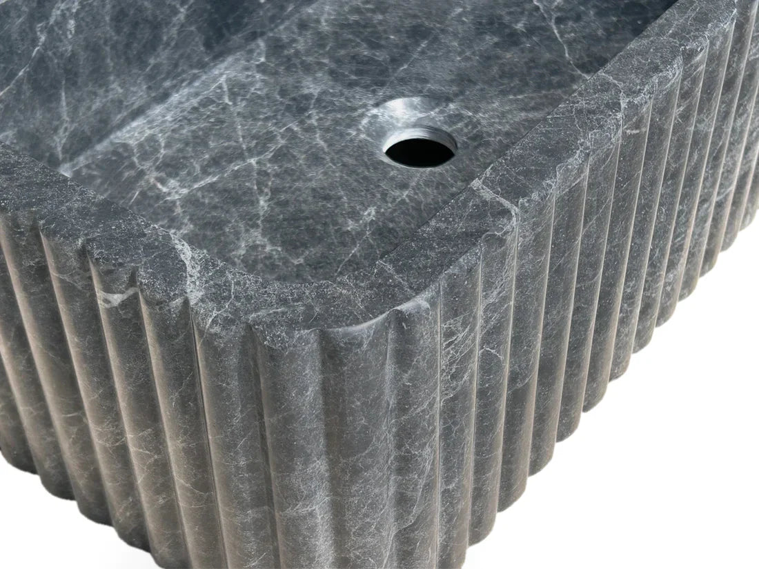 Sirius Black Marble Wall-mount Bathroom Sink Ribbed with 4" Backsplash by GobekDesign