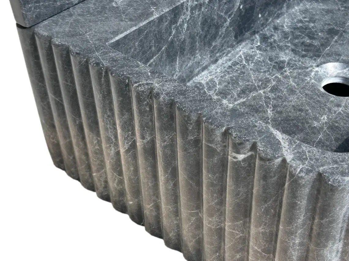 Black Marble Wall Mount Bathroom Sink Ribbed Design With 4 Inch Stone Backsplash by GobekDesign