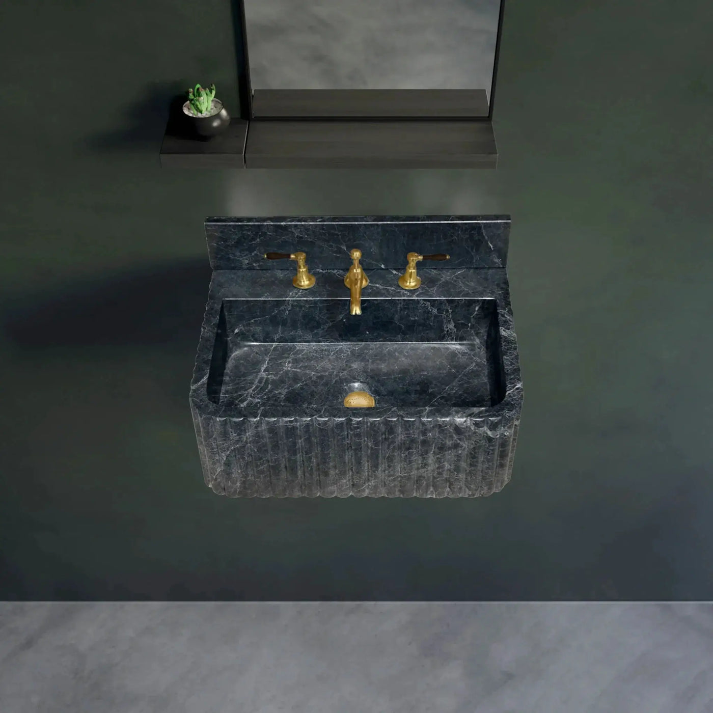 Black Marble Wall Mount Bathroom Sink Ribbed Design With 4 Inch Stone Backsplash by GobekDesign