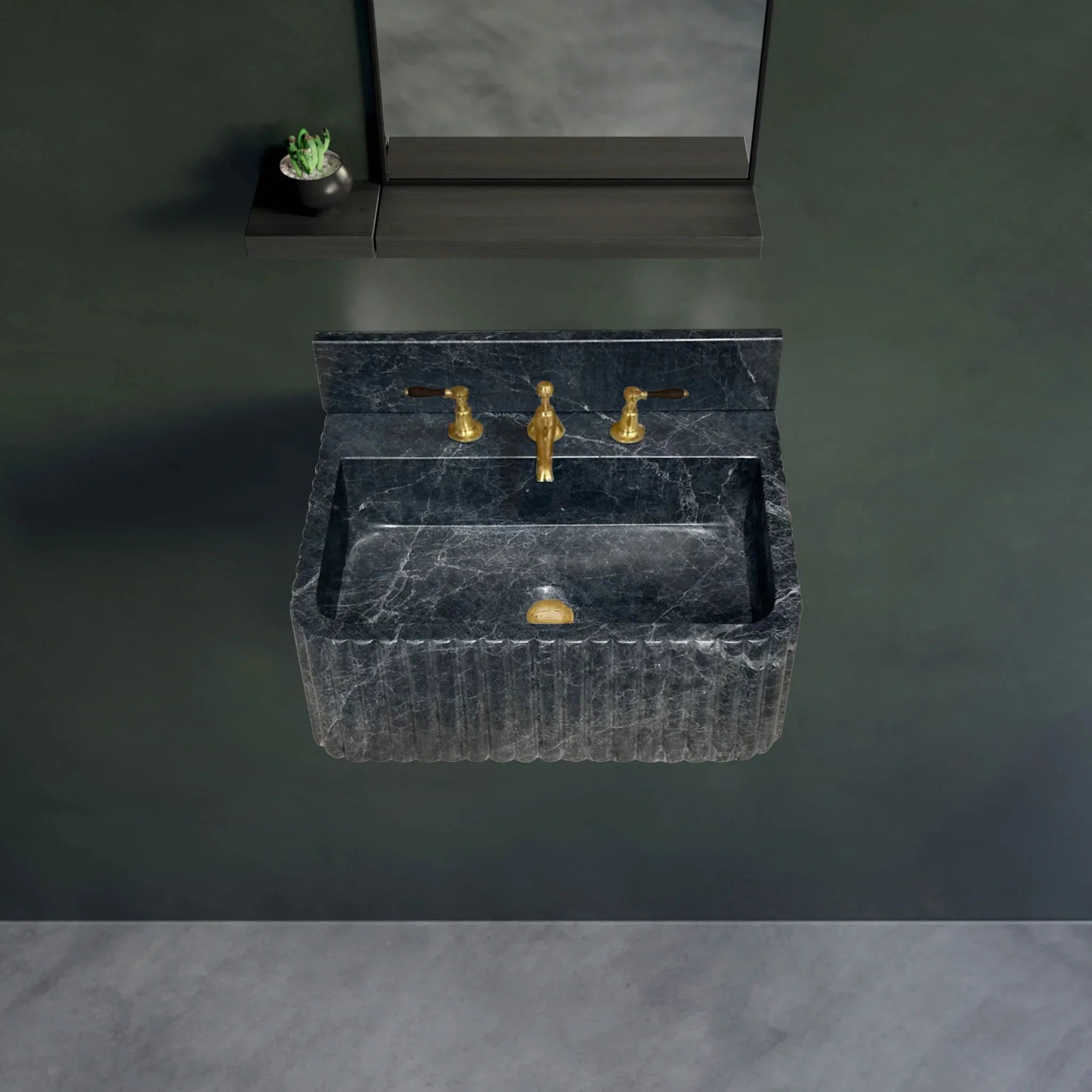 Sirius Black Marble Wall-mount Bathroom Sink Ribbed with 4" Backsplash by GobekDesign