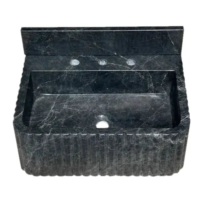 Black Marble Wall Mount Bathroom Sink Ribbed Design With 4 Inch Stone Backsplash by GobekDesign