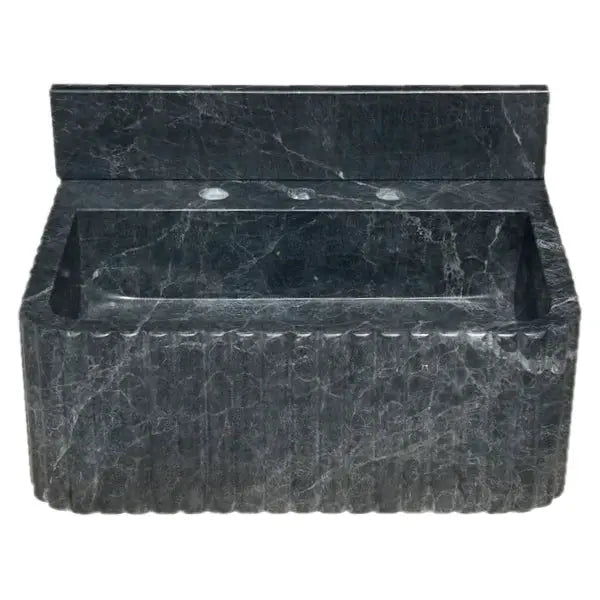 Black Marble Wall Mount Bathroom Sink Ribbed Design With 4 Inch Stone Backsplash by GobekDesign