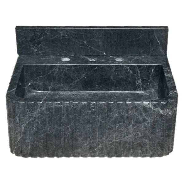 Sirius Black Marble Wall-mount Bathroom Sink Ribbed with 4" Backsplash by GobekDesign