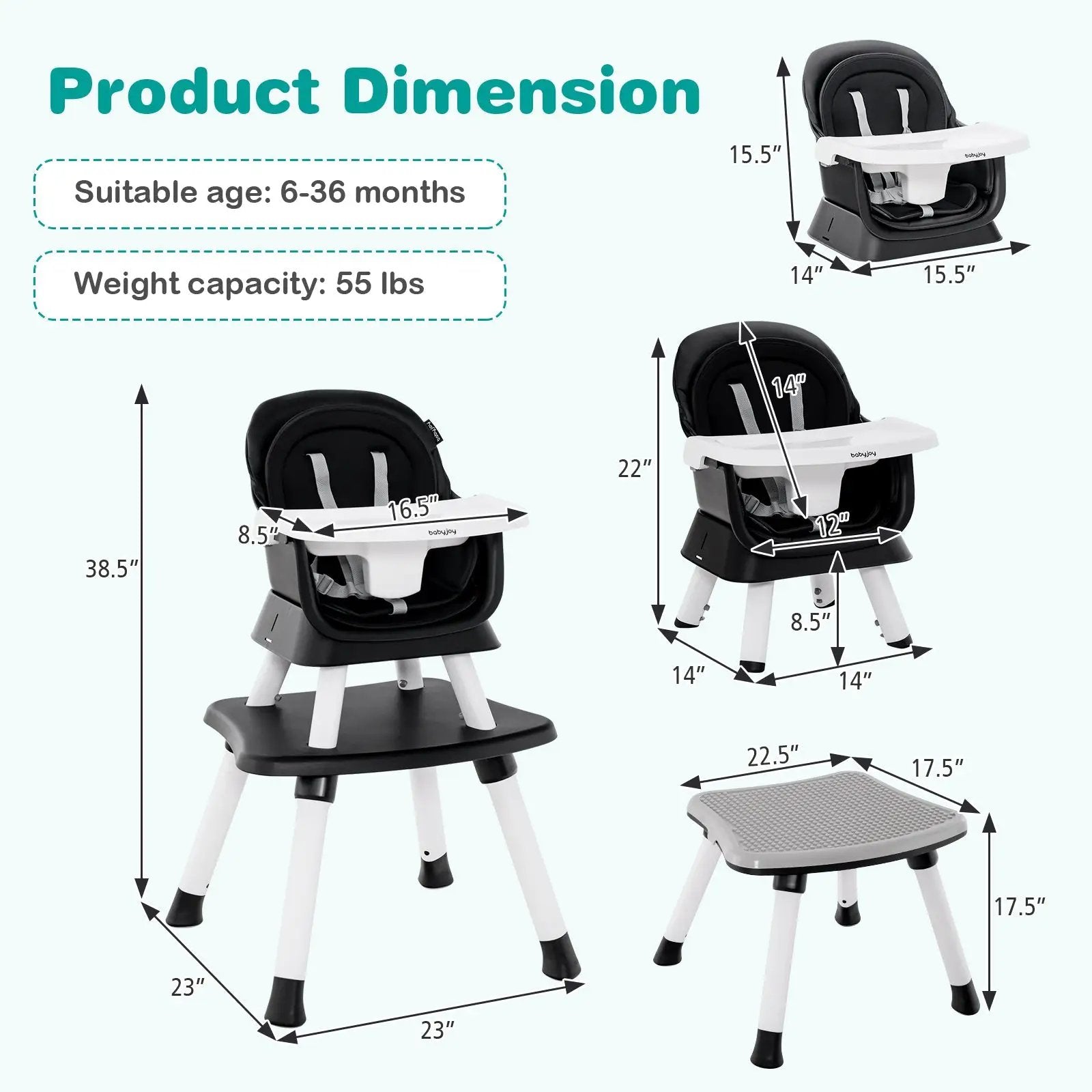 6-in-1 Convertible Baby High Chair with Adjustable Removable Tray by DirectDeals