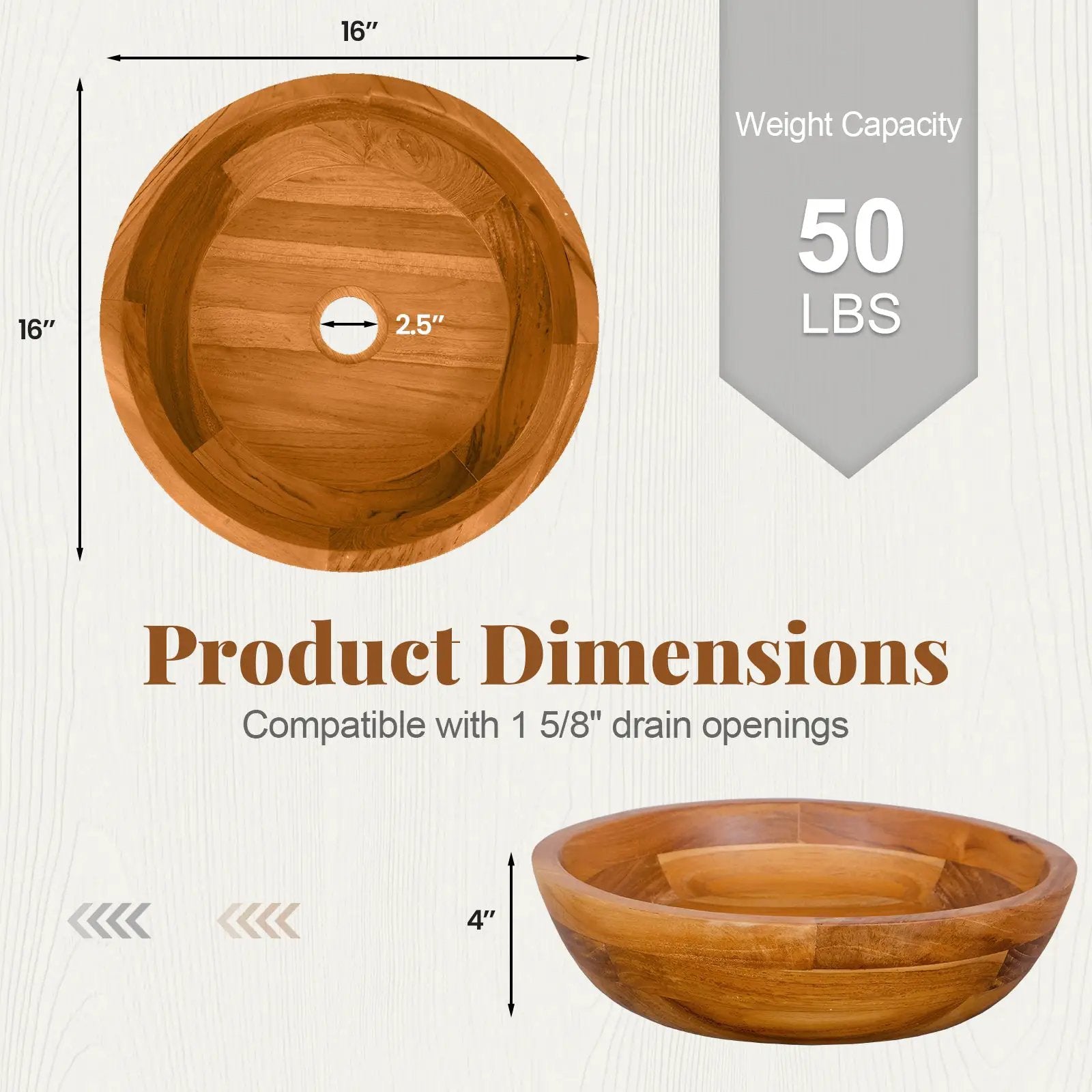 16 Inch Teak Wood Washbasin with Drainage Hole and Rounded Corners by DirectDeals