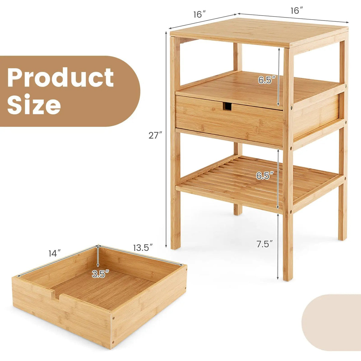 Bamboo Nightstand with Storage Drawer and Slatted Shelf, photo 8 of 16