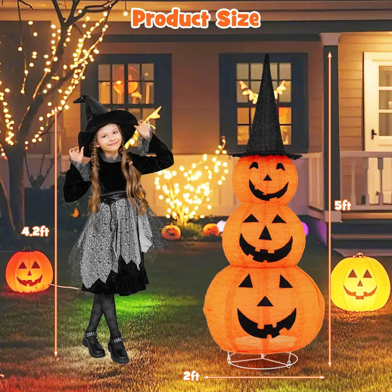 5 Feet Lighted Stacked Pumpkins Halloween Decoration with Witch Hat by DirectDeals