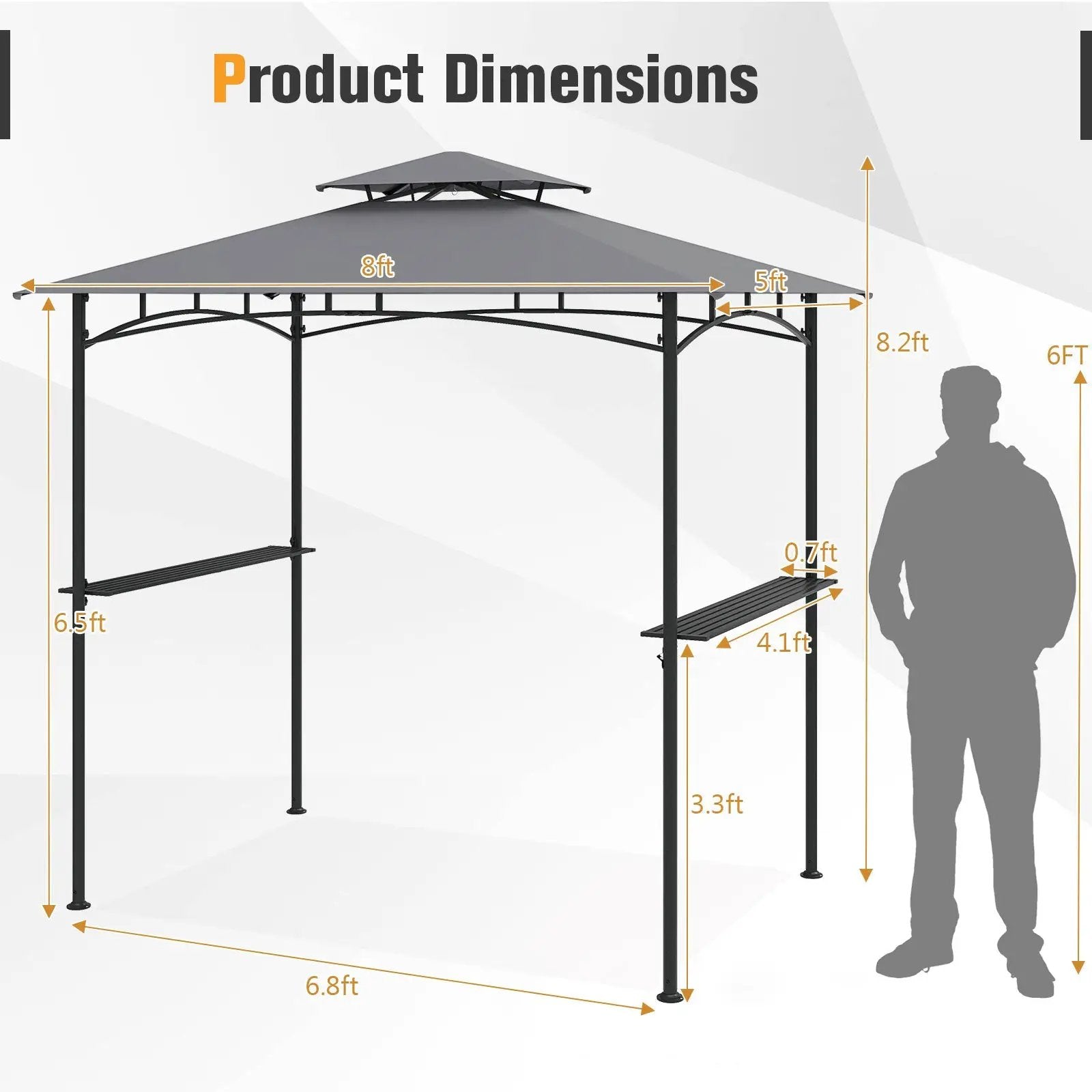 8 x 5 Feet Grill Gazebo with 2 Shelves 6 Hooks and Metal Frame-Gray by DirectDeals