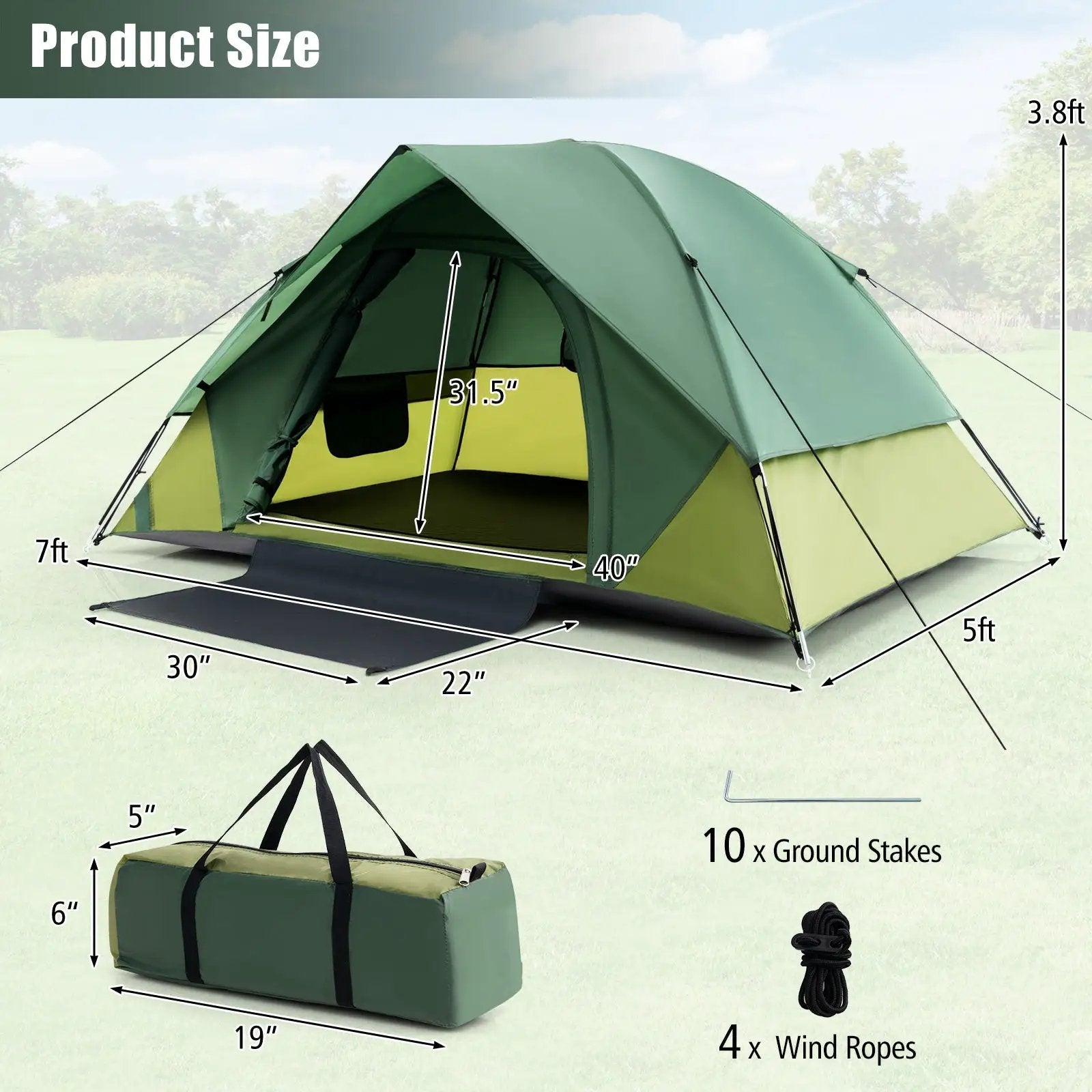 2-person Camping Tent w/ Removable Rain Fly and Double-layer Door-Green by DirectDeals