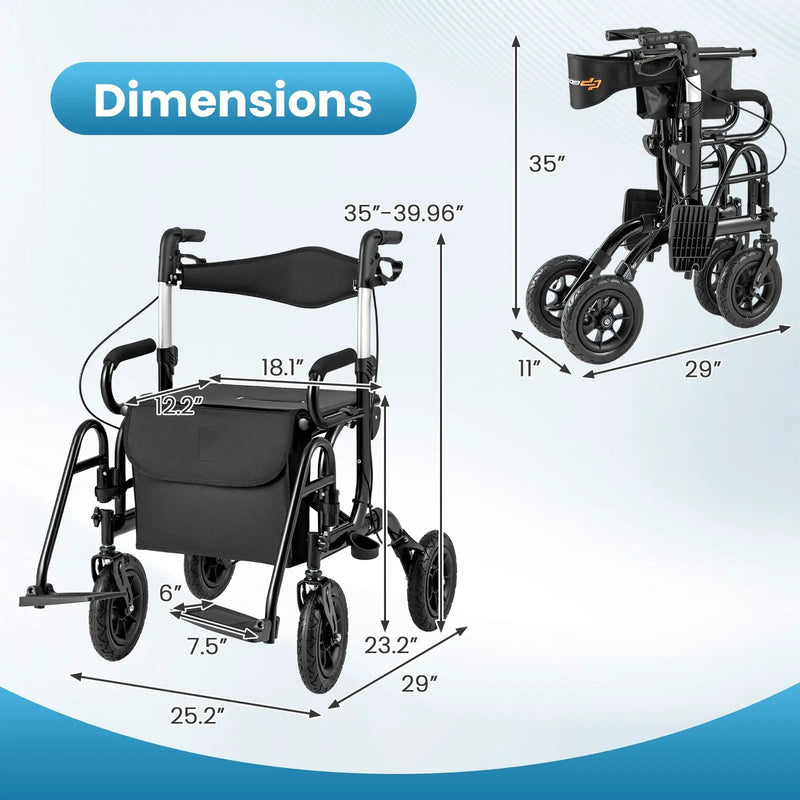 2-in-1 Foldable Rollator Walker with Seat abd 9 Inch Pneumatic Tires for Seniors by DirectDeals