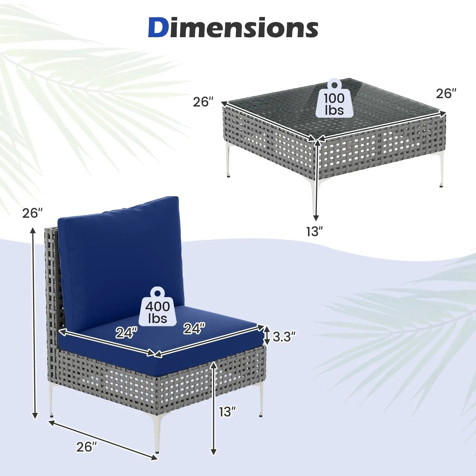 3 Pieces PE Rattan Conversation Chairs with Tempered Glass Coffee Table for Garden Porch-Navy by DirectDeals