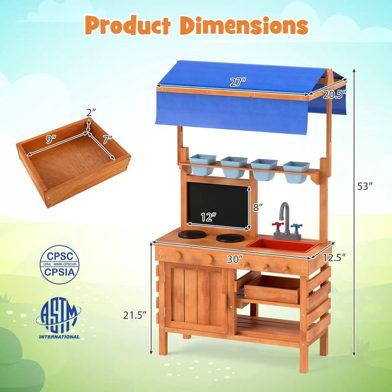 Wooden Pretend Play Kitchen with Height Adjustable Canopy for Kids-Natural by DirectDeals