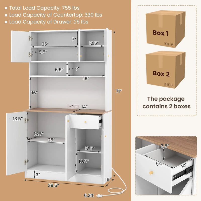 71 Inch Tall Pantry Cabinet with Outlets for Dining Room-White by DirectDeals