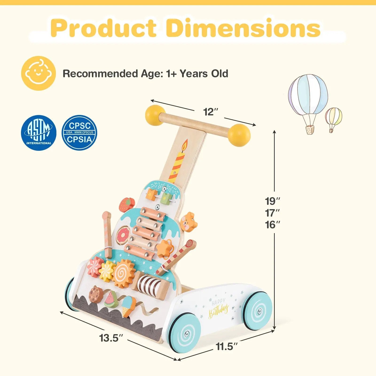 Wooden Baby Walker with Adjustable Heights and Smooth Wheels-White by DirectDeals