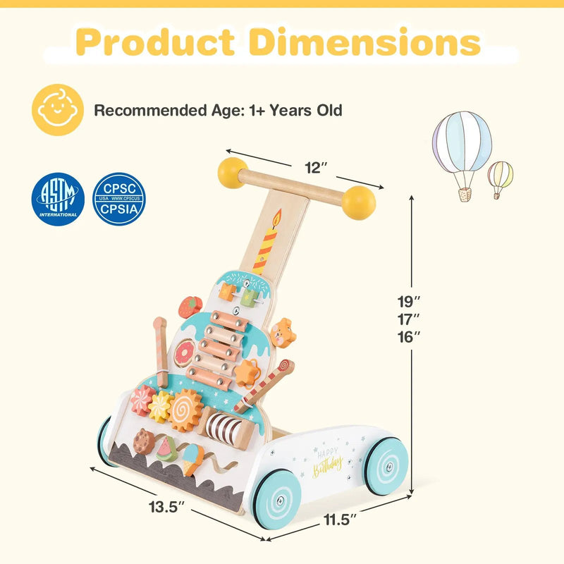 Wooden Baby Walker with Adjustable Heights and Smooth Wheels-White by DirectDeals