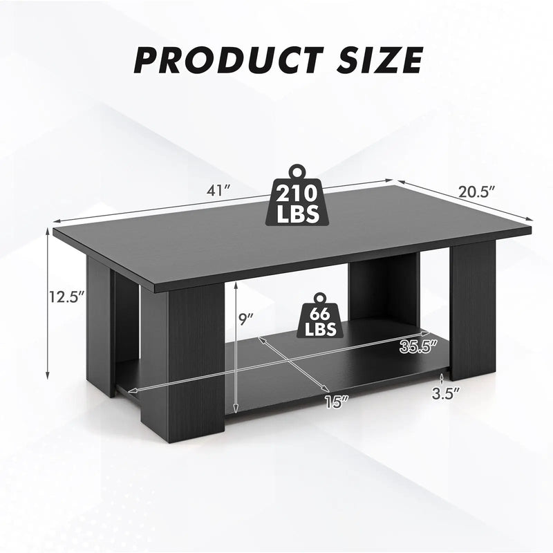 Large 36/41 Inch 2-tier Wooden Modern Coffee Table with Storage Shelf-Black by DirectDeals