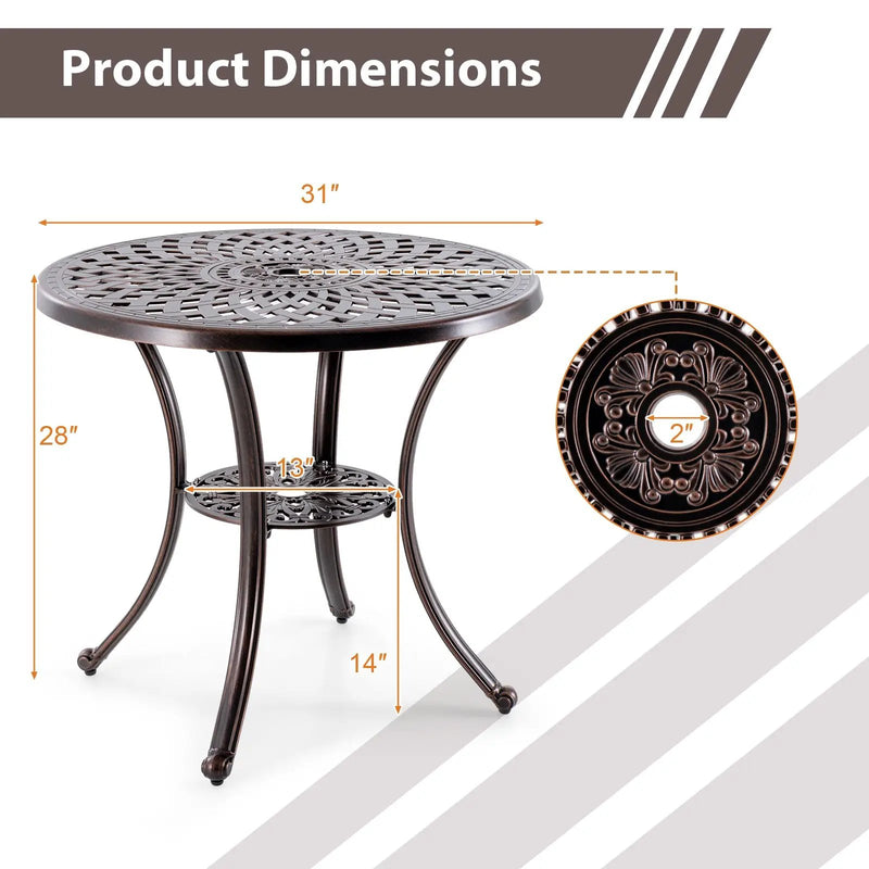 Patio Cast Aluminum Table 31 Inch Diameter Round Table with Umbrella Hole-Copper by DirectDeals