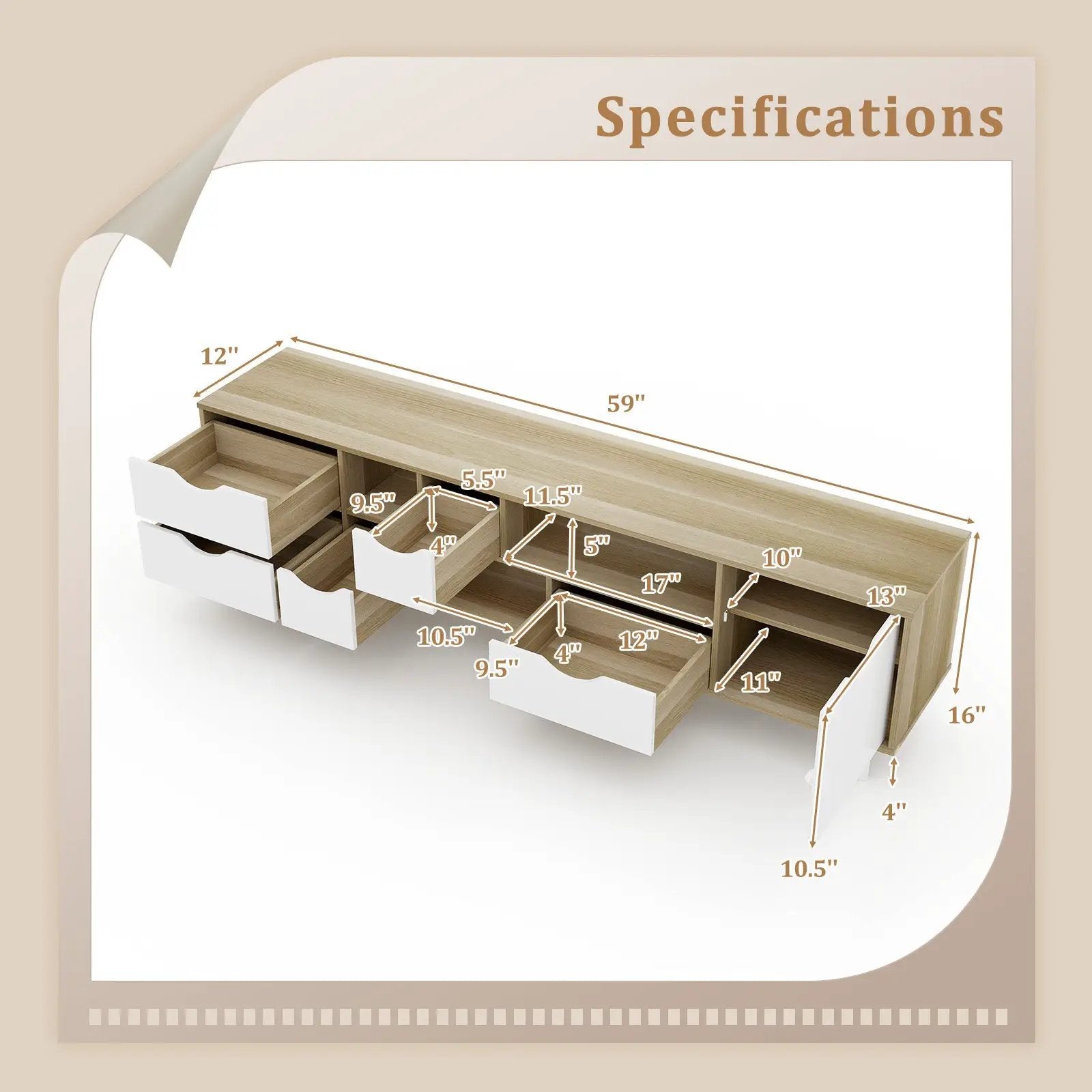 TV Stand for TVs up to 65” Television Cabinet w/ 5 Drawers & 3 Open Shelves-Oak by DirectDeals