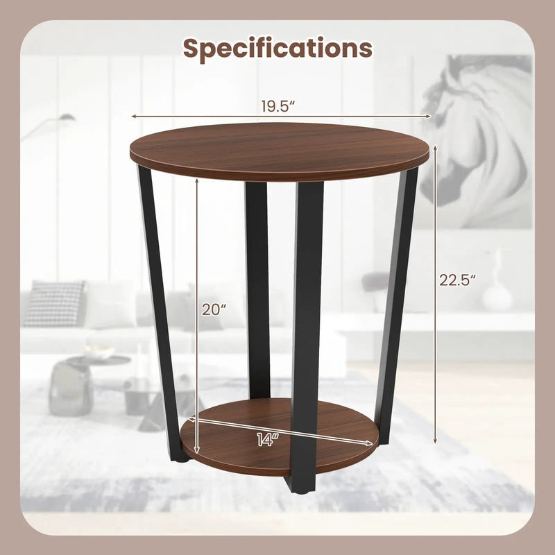 Round End Table with Open Shelf and Metal Frame-Walnut by DirectDeals