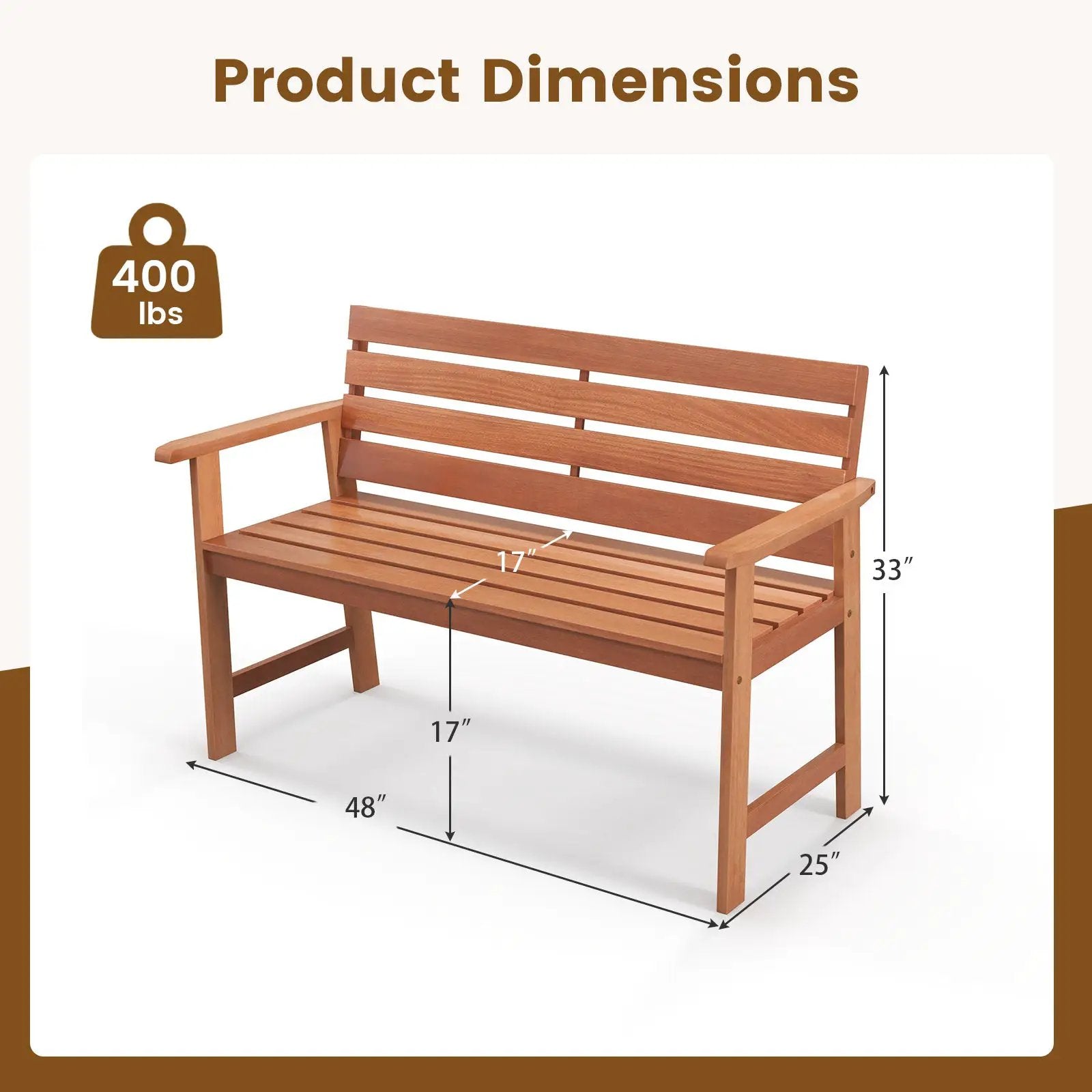 Patio Solid Wood Bench Wood 2-Seat Chair with Breathable Slatted Seat & Inclined Backrest by DirectDeals