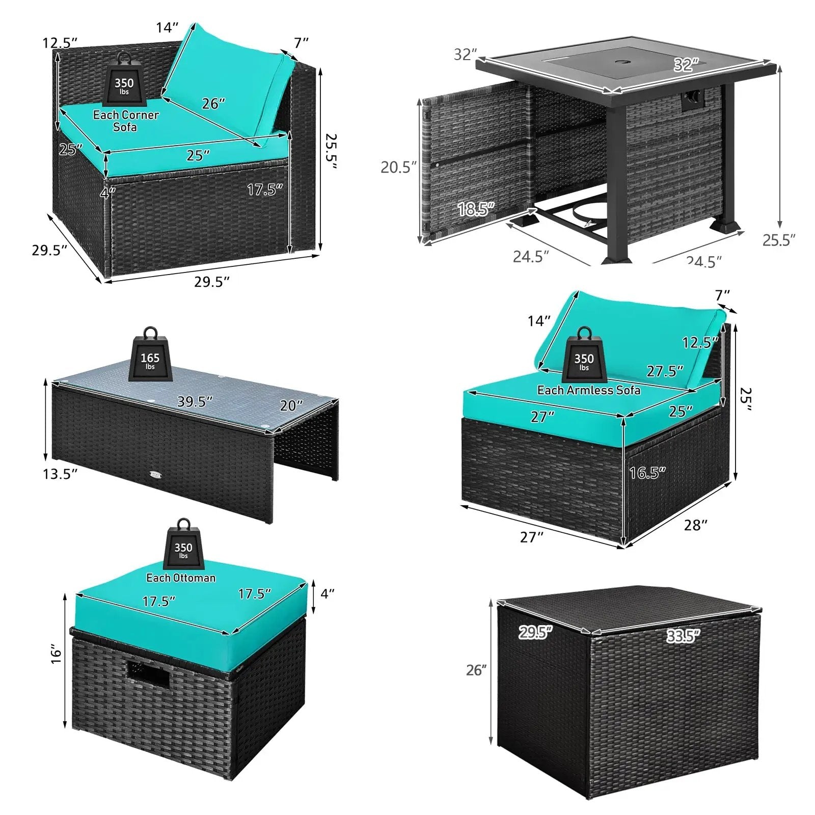 9 Pieces Patio Furniture Set with 32‚Äù Fire Pit Table and 50000 BTU Square Propane Fire Pit by DirectDeals