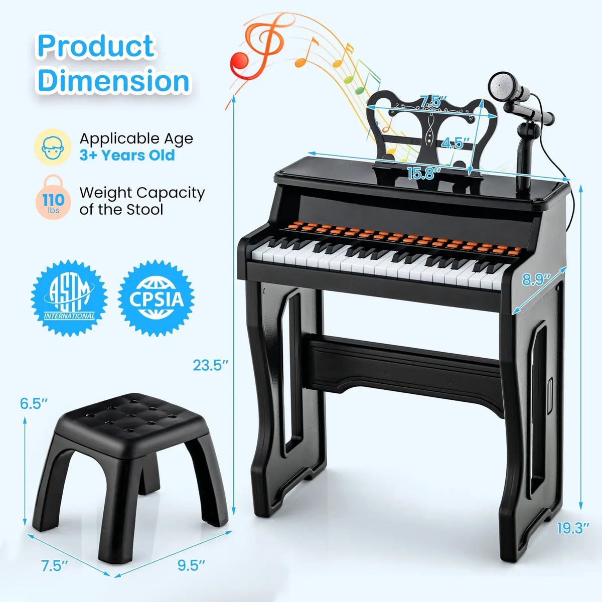 37 Keys Music Piano with Microphone Kids Piano Keyboard with Detachable Music Stand, photo 14 of 24