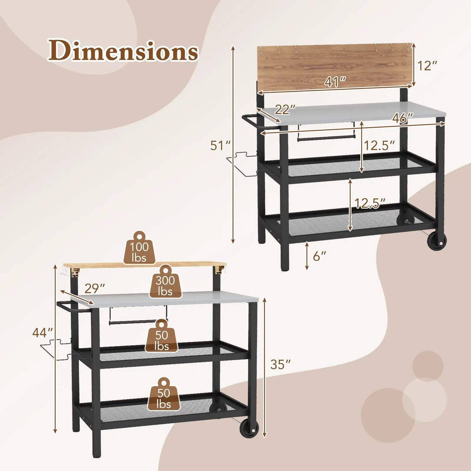 Rolling Bar Cart with Flip-up Table and Hooks for Kitchen by DirectDeals