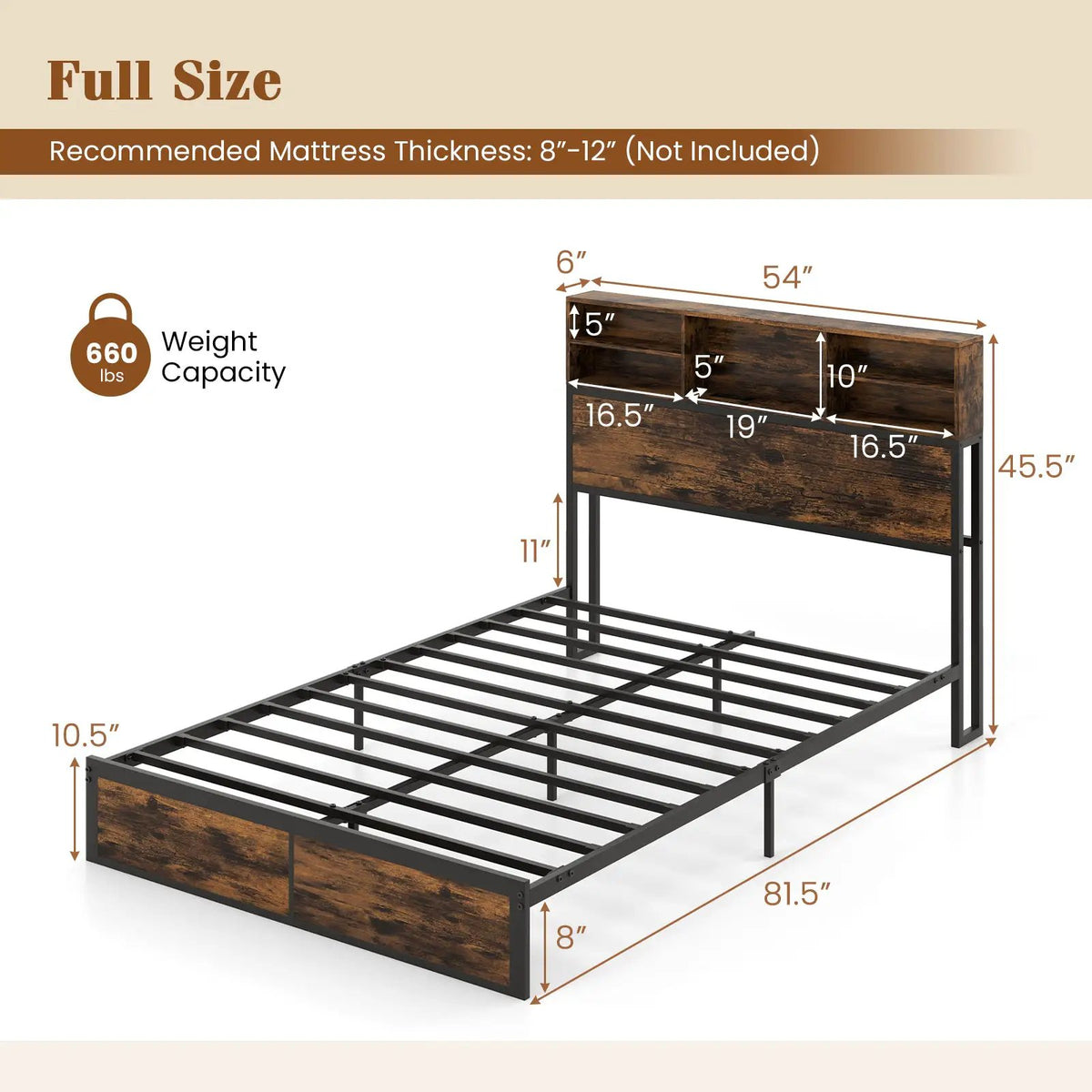 Twin/Full/Queen/King Size Bed Frame with Storage Headboard Industrial Metal Platform Bed, photo 5 of 11