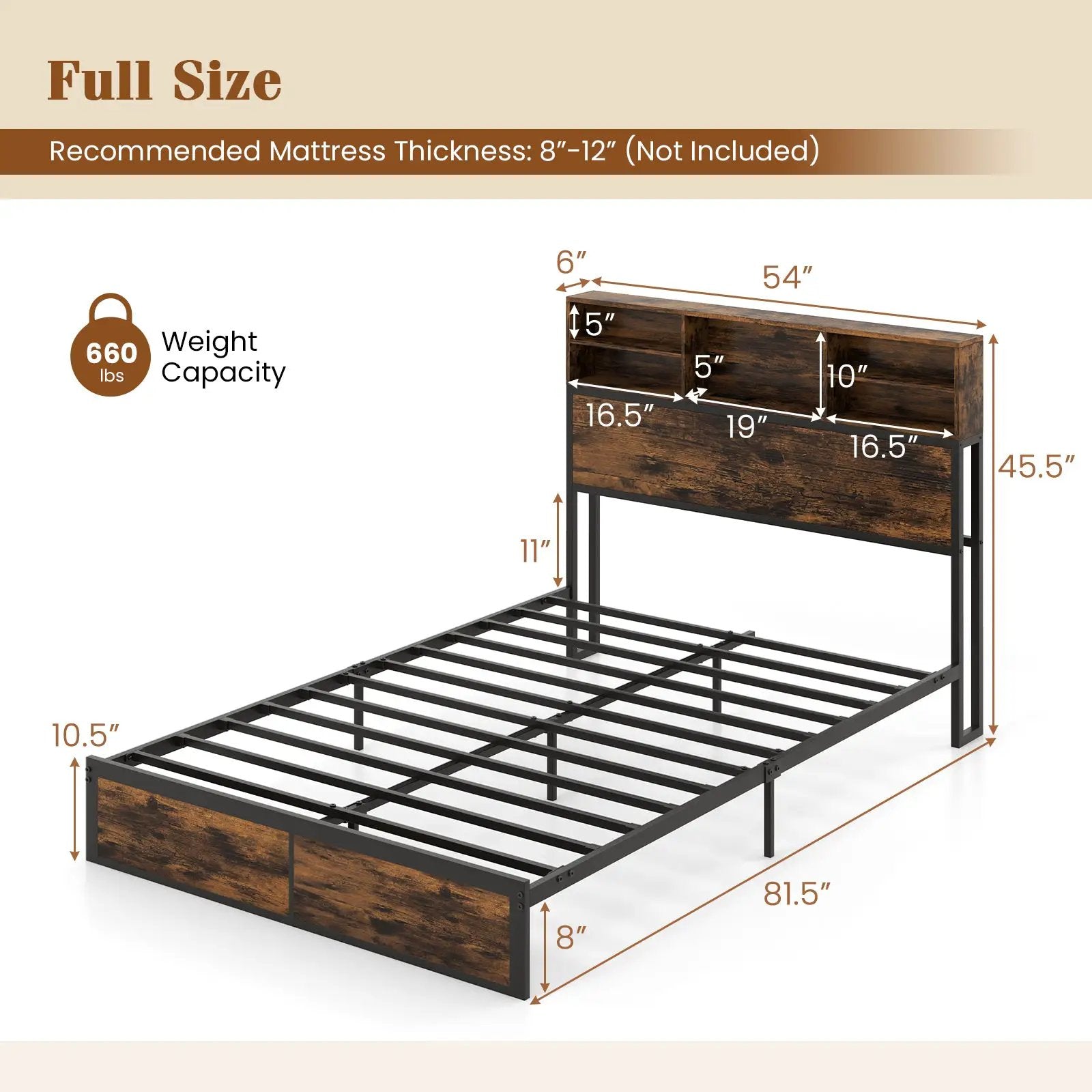 Twin/Full/Queen/King Size Bed Frame with Storage Headboard Industrial Metal Platform Bed by DirectDeals