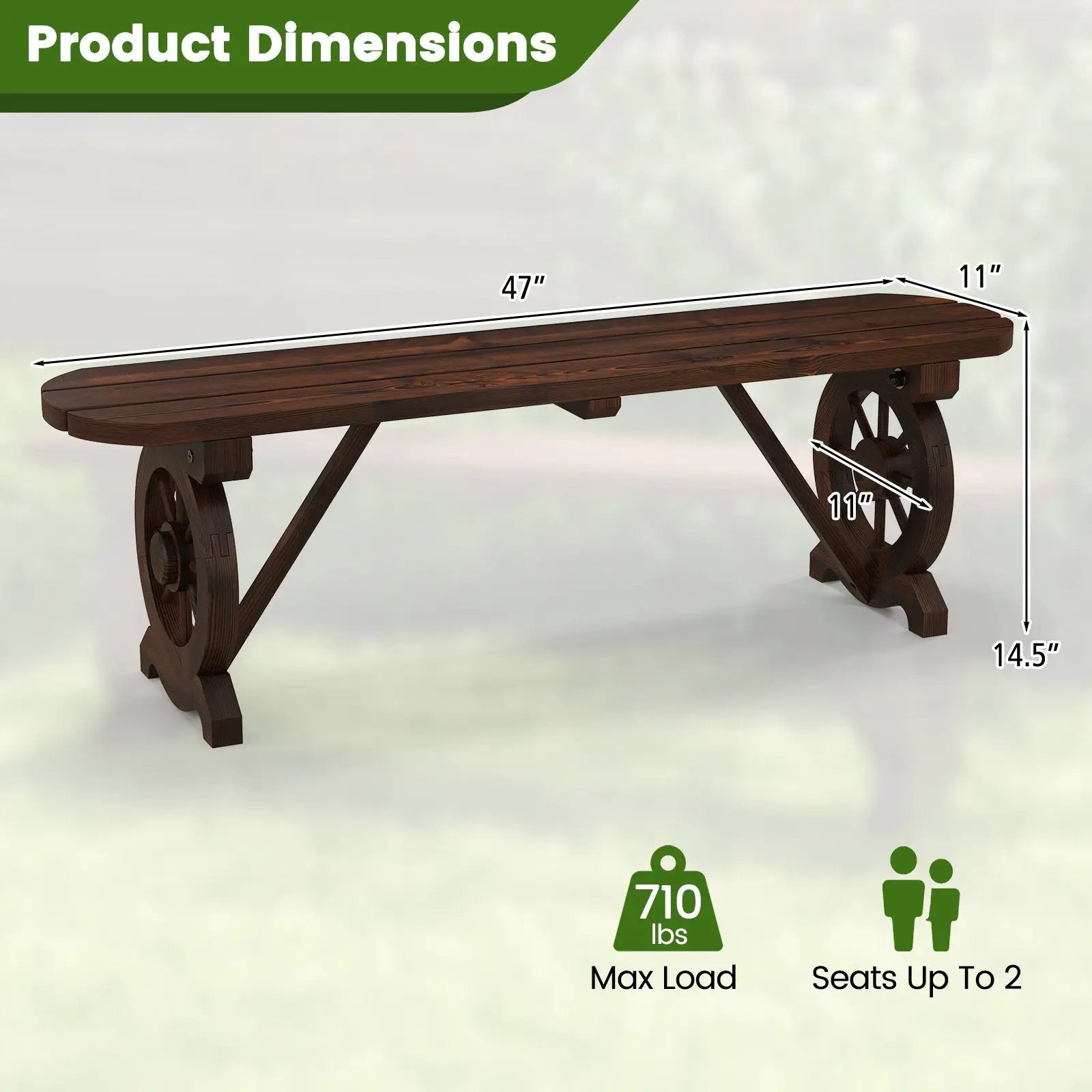 Patio Rustic Wood Bench with Wagon Wheel Base by DirectDeals