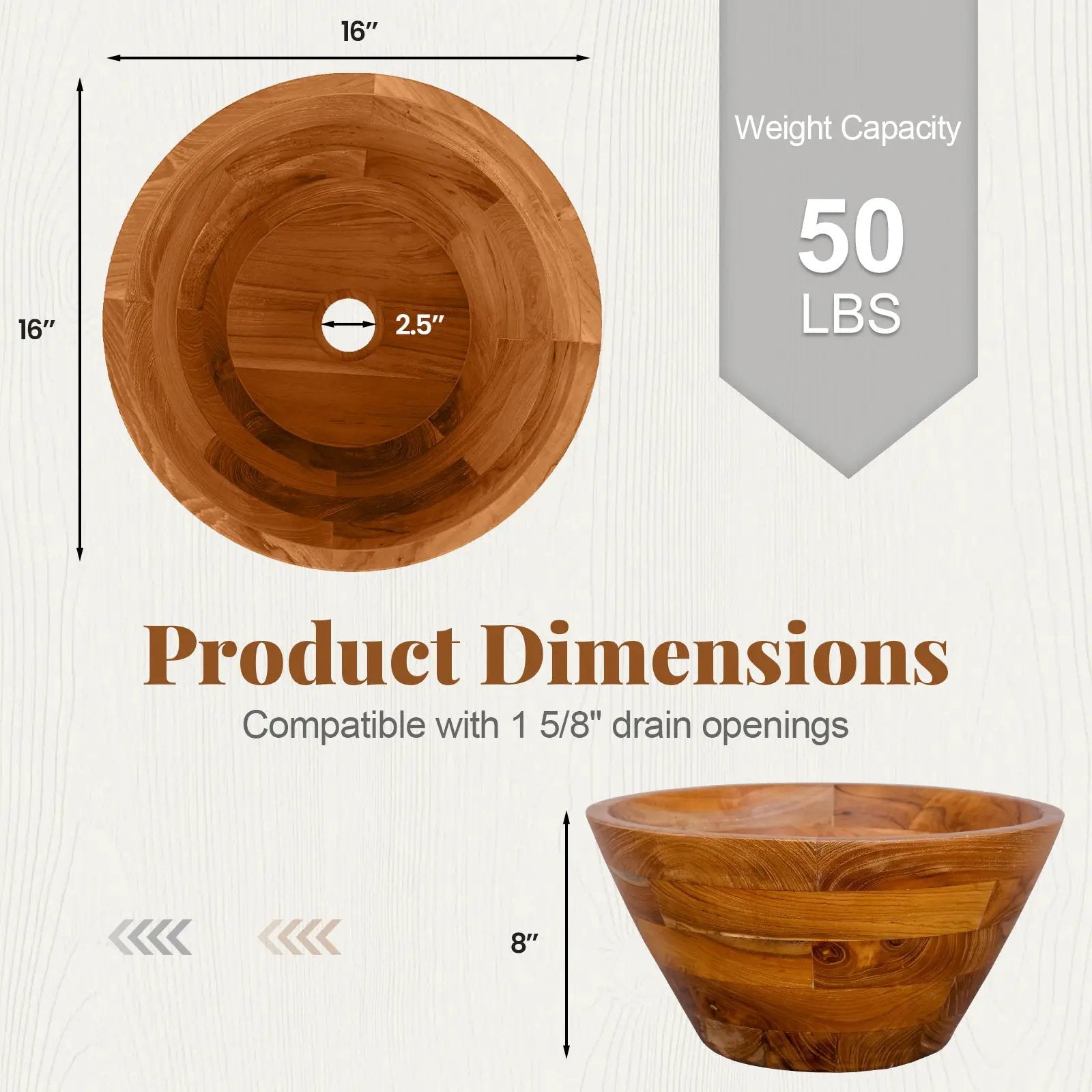 16 Inch Teak Wood Washbasin with Drainage Hole and Smooth Finish by DirectDeals