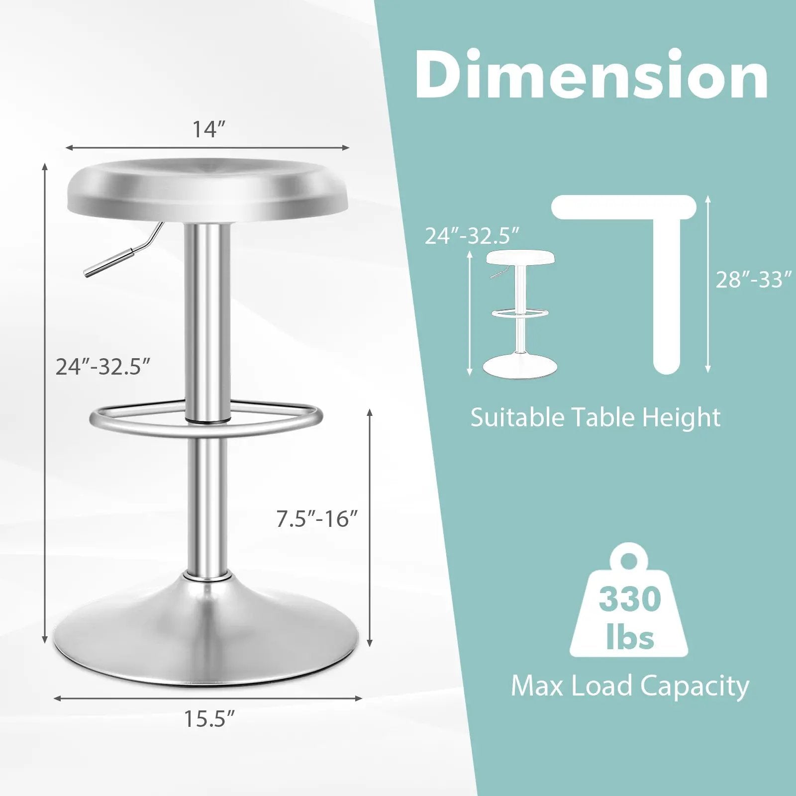 Modern Swivel Adjustable Height Bar Stool with Footrest for Pub Bistro Kitchen Dining by DirectDeals