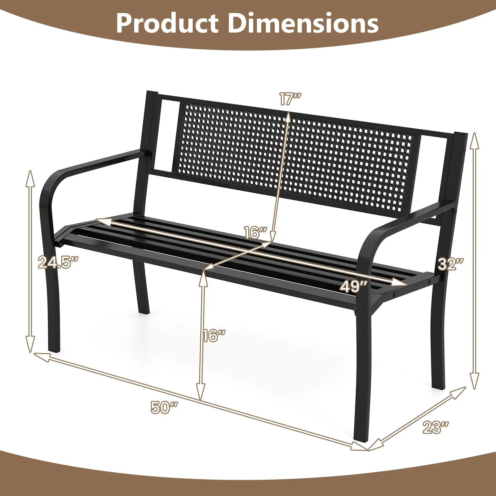 50 Inches Garden Bench with Patterned Backrest and Curved Armrests-Black by DirectDeals