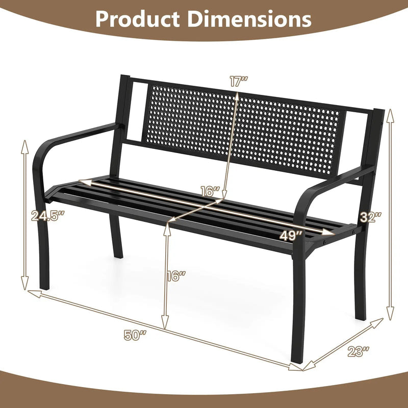 50 Inches Garden Bench with Patterned Backrest and Curved Armrests-Black by DirectDeals