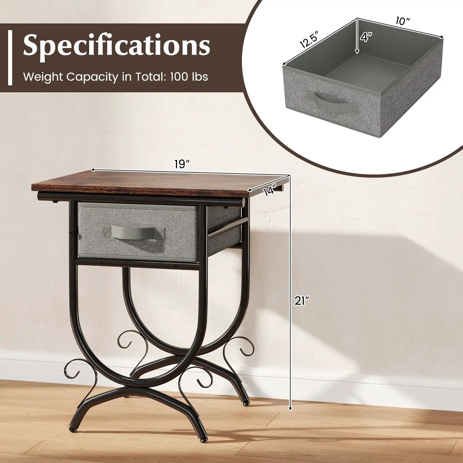 Side Table with Fabric Drawer and Carved Metal Frame for Living Room by DirectDeals