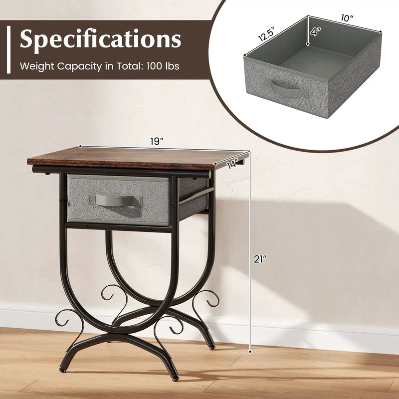 Side Table with Fabric Drawer and Carved Metal Frame for Living Room by DirectDeals