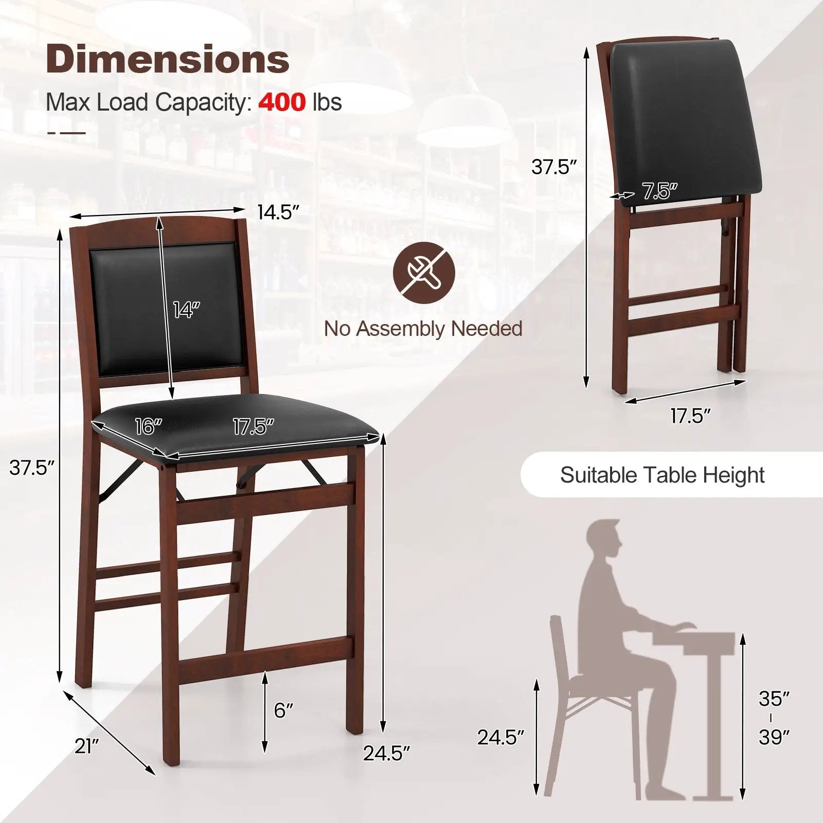 Set of 2 Folding Kitchen Island Stool with Rubber Wood Legs-Brown by DirectDeals